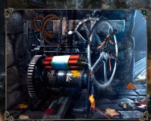 Screencap of Grim Tales The Legacy showing dynamite on a gate mechanism.