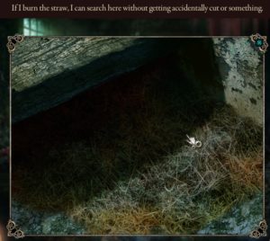 Screencap of Grim Tales The Legacy telling me to burn hay to search inside of it