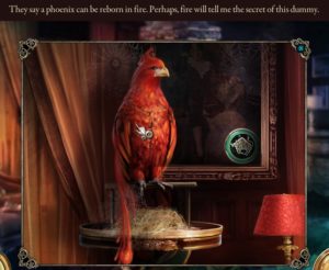 Screencap of Grim Tales The Legacy telling me to burn a stuffed bird for the sake of it.