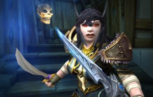 World of Warcraft dwarf rogue poses for the camera with a floating ghost skull behind her