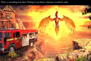 Screen capture from Grim Tales: The Stone Queen of a phoenix hovering just off a cliff