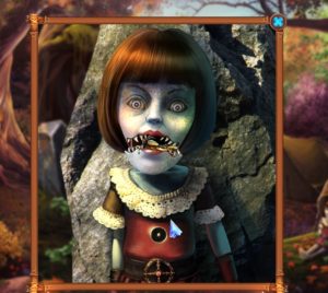 Screen capture from Grim Tales: The Stone Queen of a mechanic child's doll that for some reason has horrific pointed teeth