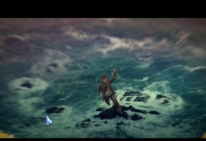 Screen capture from Grim Tales: The Stone Queen of a man turned into a stone statue falling into the ocean below