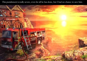 Screen capture from Grim Tales: The Stone Queen of a beautiful sunset with text reflecting on the death of the game's villain