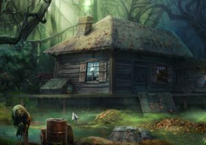 Screencapture of Grim Tales The Wishes that shows a cabin in the woods and what appears to be an impaled head