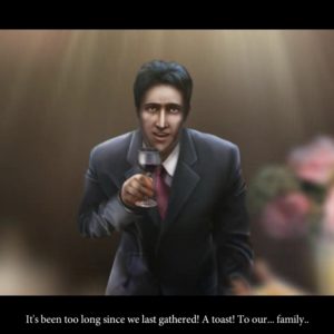 Screencapture of Grim Tales: Color of Fright of John Gray toasting the family and looking unsettling