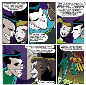Panels from Batman Gotham Adventure of Harley Quinn and Joker talking in Arkham Asylum. The Joker's face is drawn particularly well.